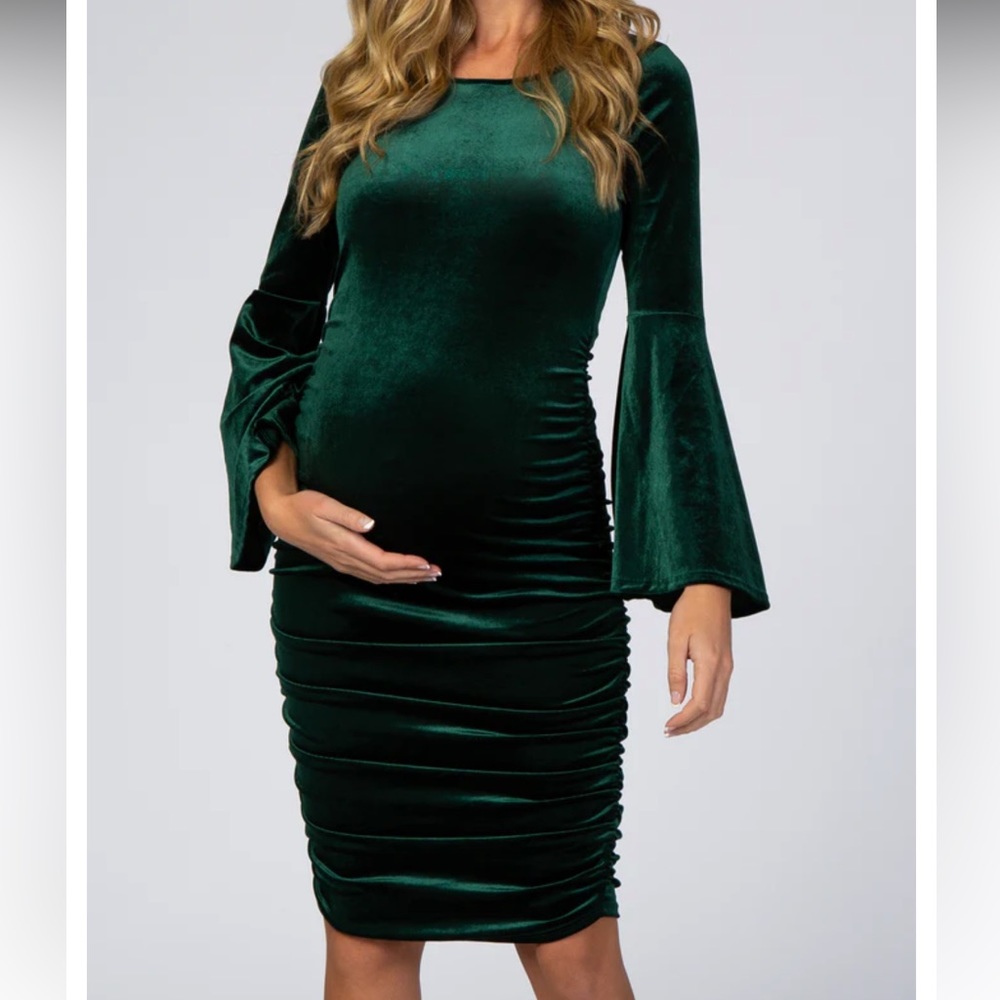 Green Velvet Ruched Maternity Dress